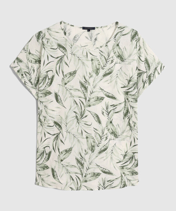 Blusa Manga Corta Con Guardapolvo  En Lino Estampada