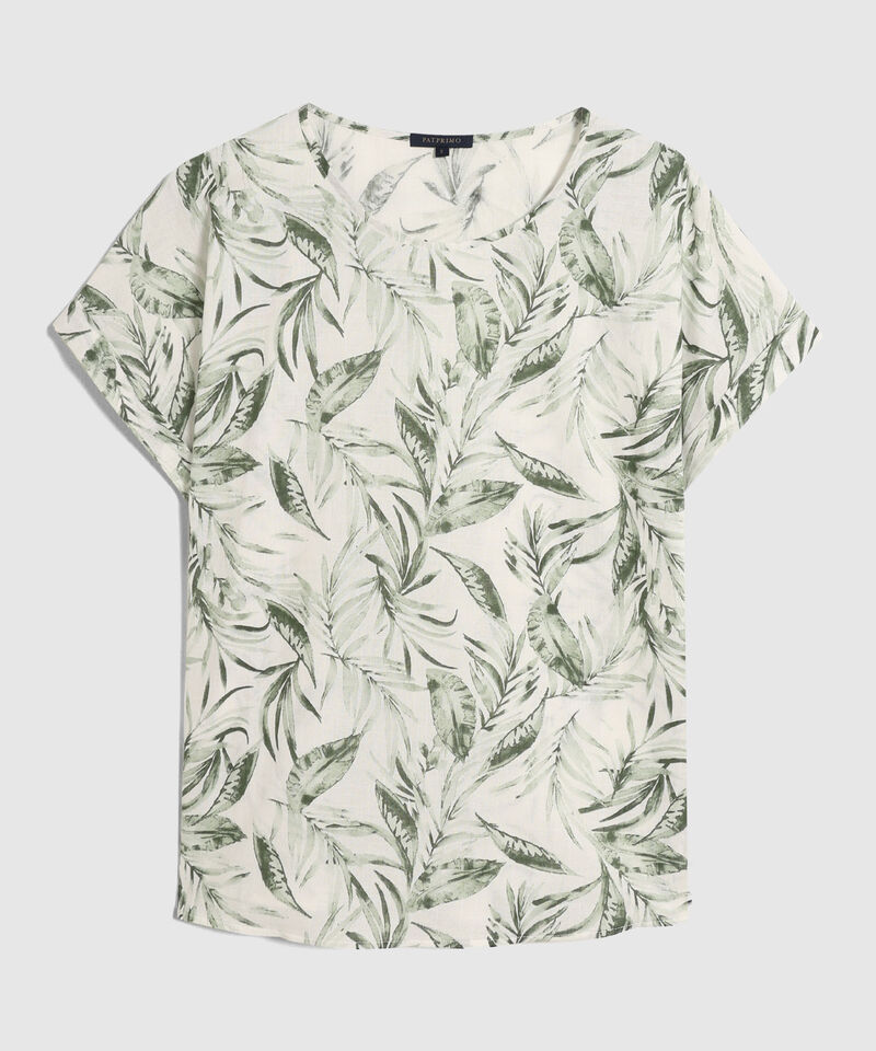 Blusa Manga Corta Con Guardapolvo  En Lino Estampada