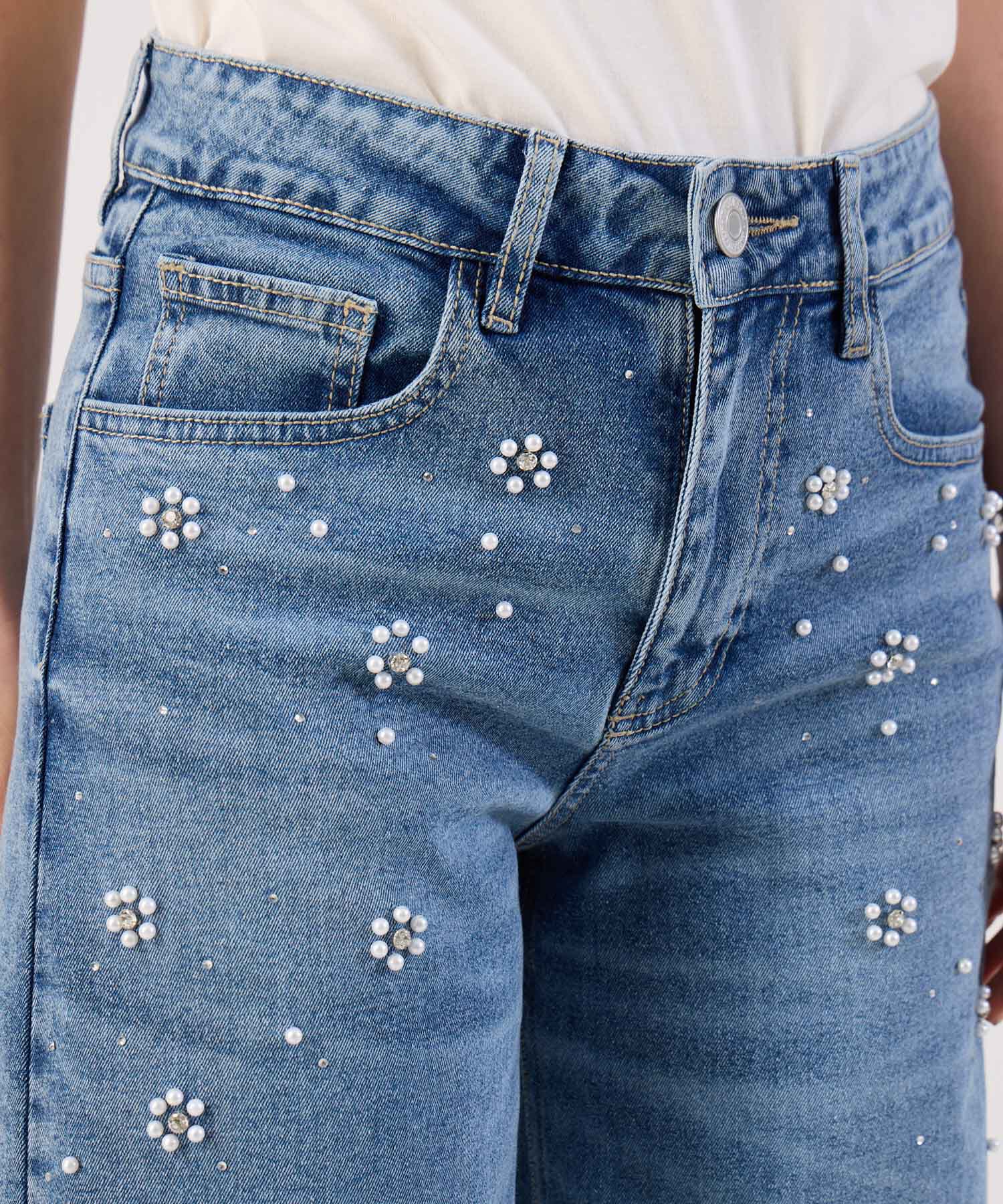 Jean Wide Leg Con Apliques De Perlas Para Mujer