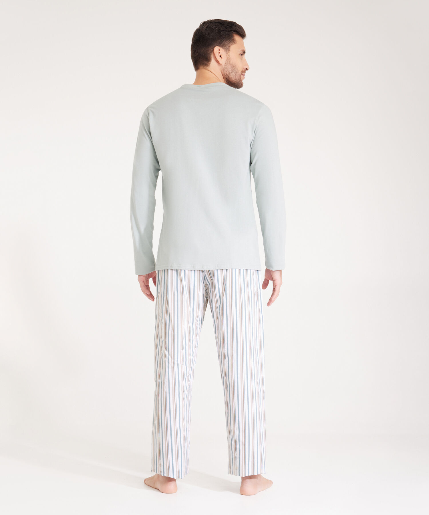 Pijama Set, Camiseta Crew Neck Manga Larga Unicolor Con Bolsillo Y Pantalón Estampado A Rayas