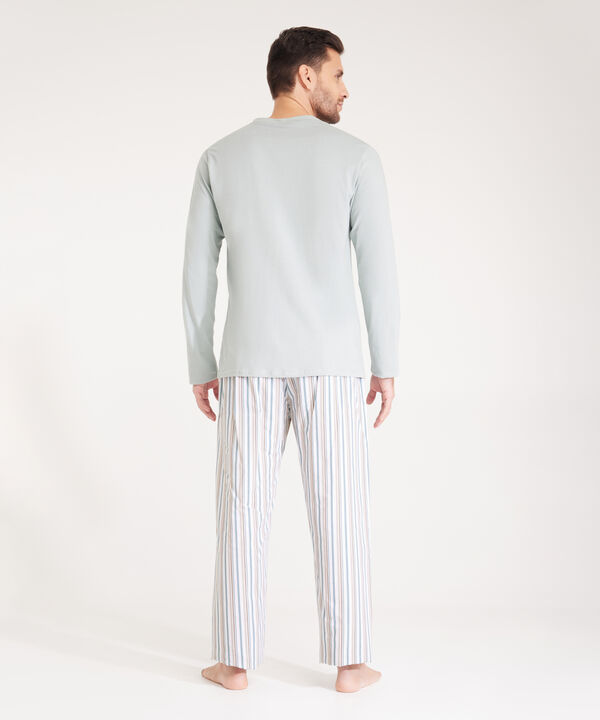 Pijama Set, Camiseta Crew Neck Manga Larga Unicolor Con Bolsillo Y Pantalón Estampado A Rayas