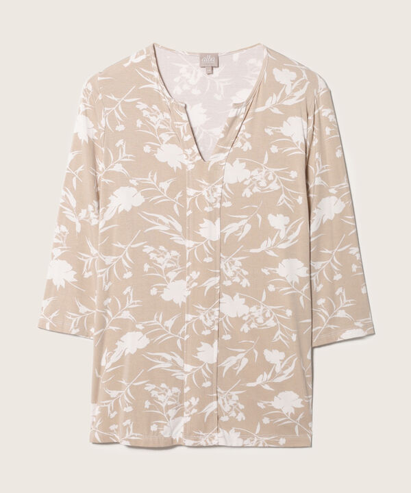 Camiseta Estampada Manga 3/4, Cuello Redondo Con Cuello Herradura Y Falso Sobrepuesto