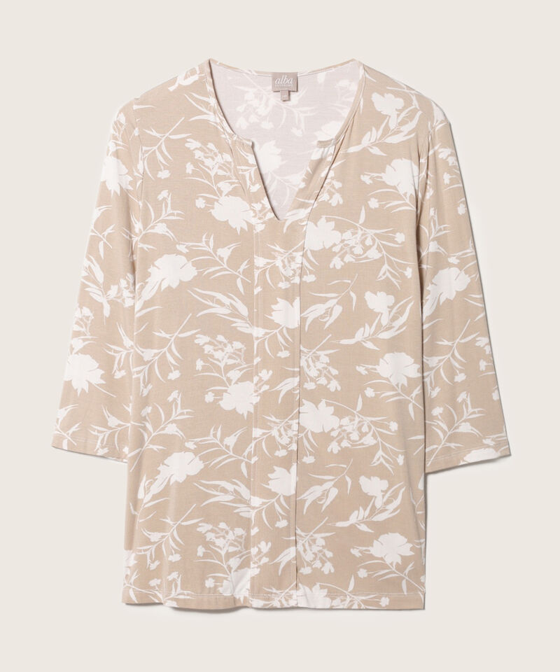 Camiseta Estampada Manga 3/4, Cuello Redondo Con Cuello Herradura Y Falso Sobrepuesto