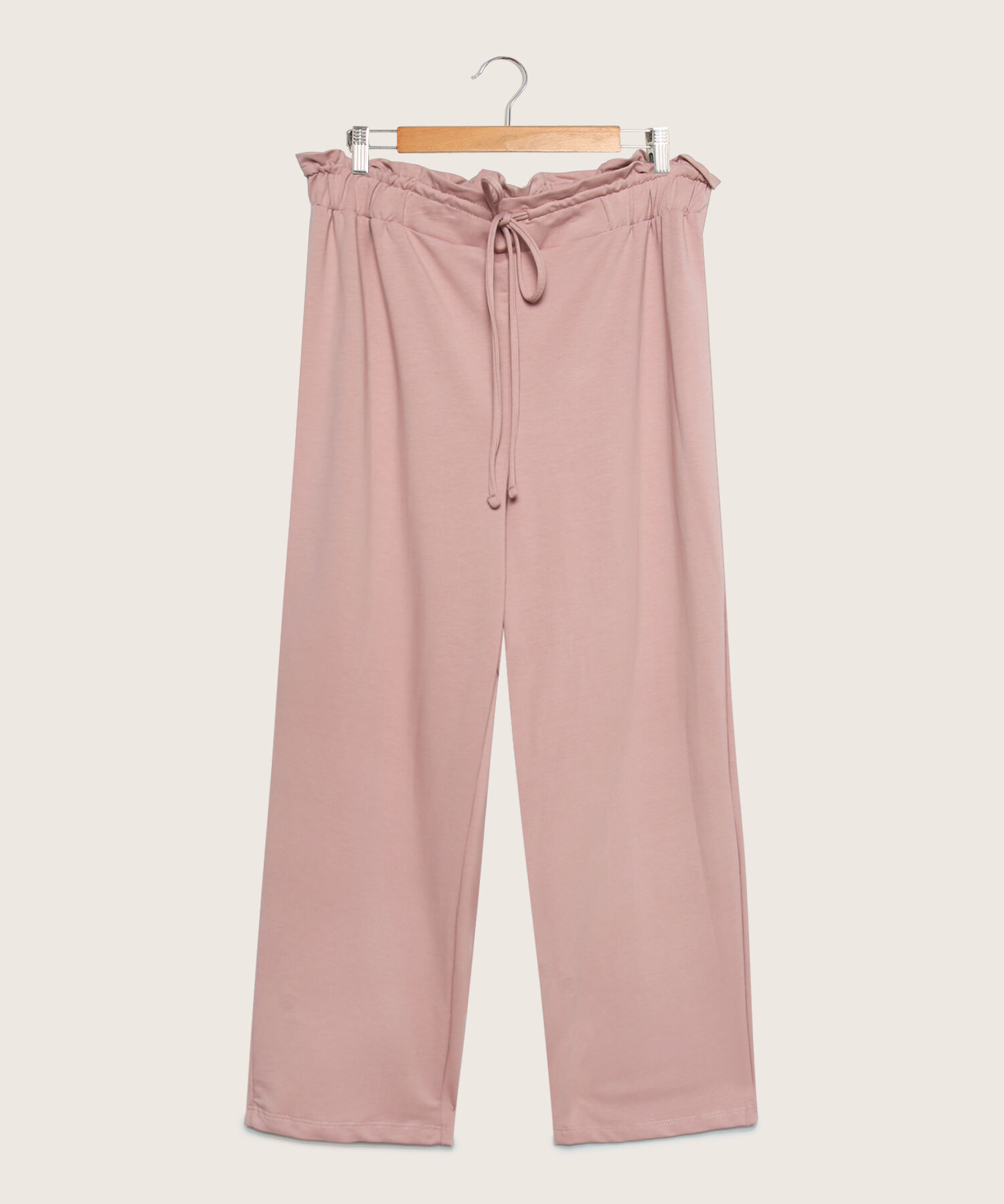 Pantalón Unicolor, Bota Recta Con Tiro Alto, Cintura Elástica, Cordón Ajustable Y Silueta Fluida