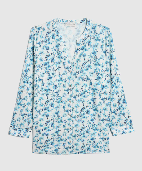 Blusa Estampada En Lino Manga 3/4 Cuello Nerú