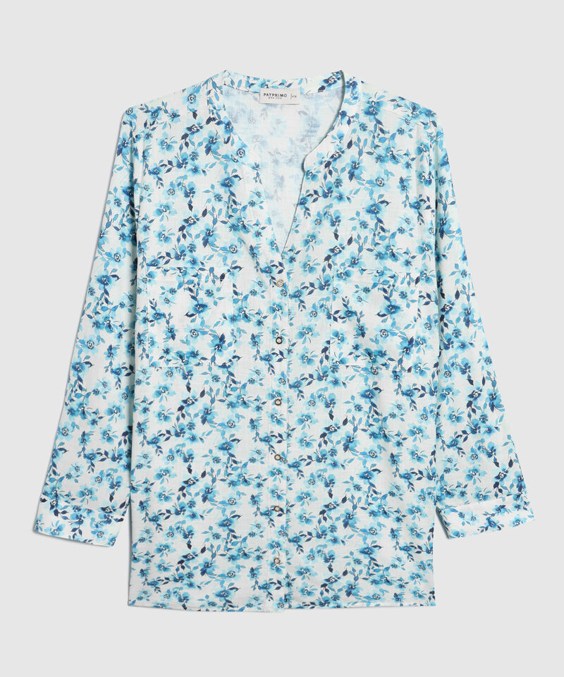 Blusa Estampada En Lino Manga 3/4 Cuello Nerú