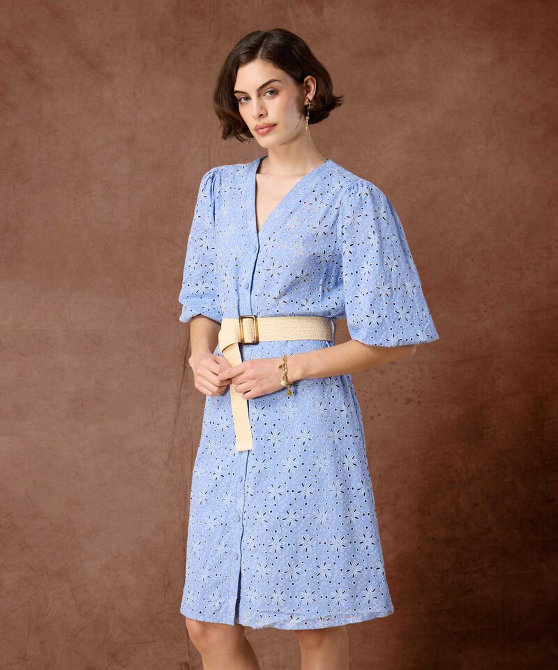 Vestido Camisero Perforado Con Cinturón Para Mujer