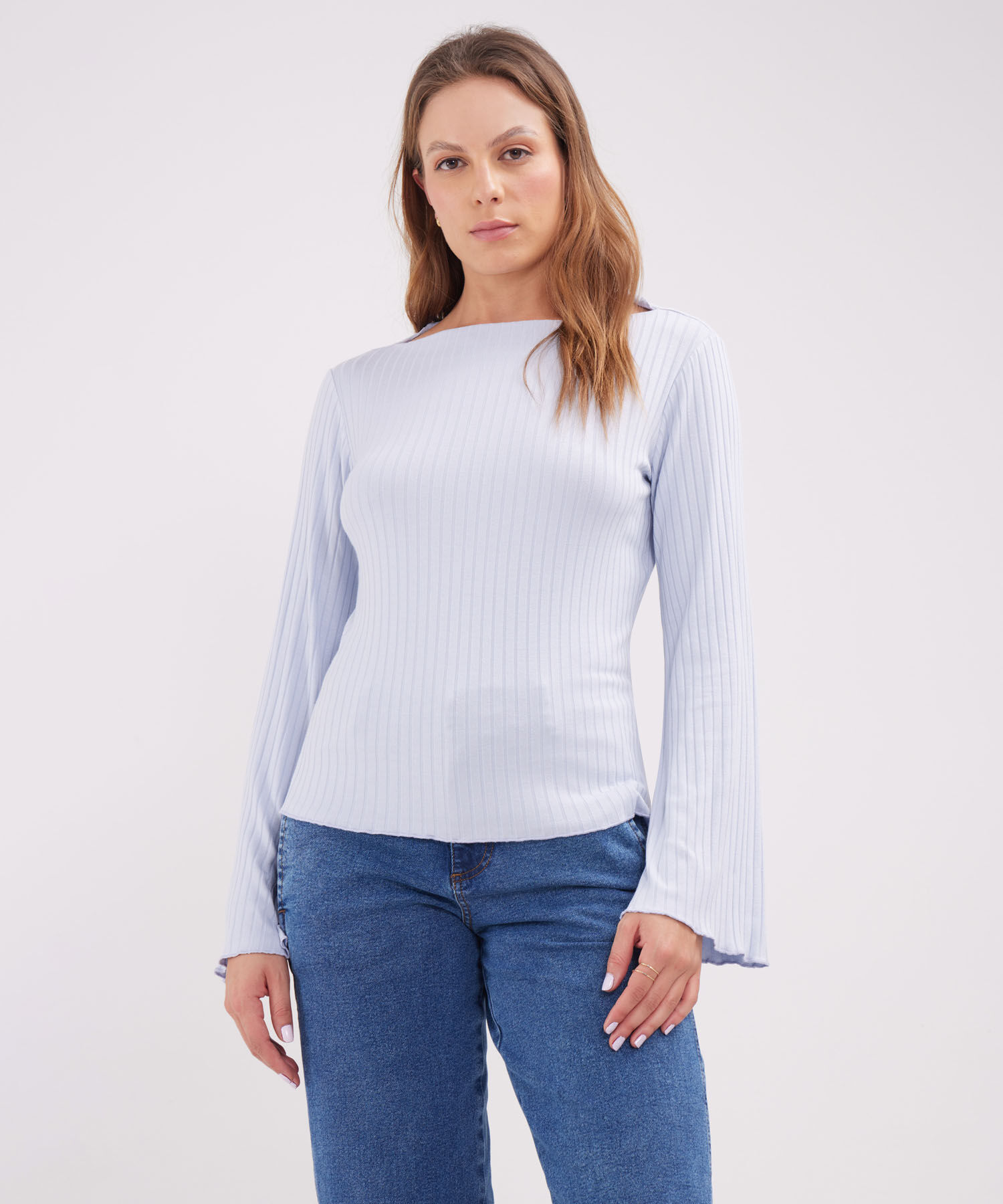 Camiseta Unicolor Textura, Manga Larga Acampanada