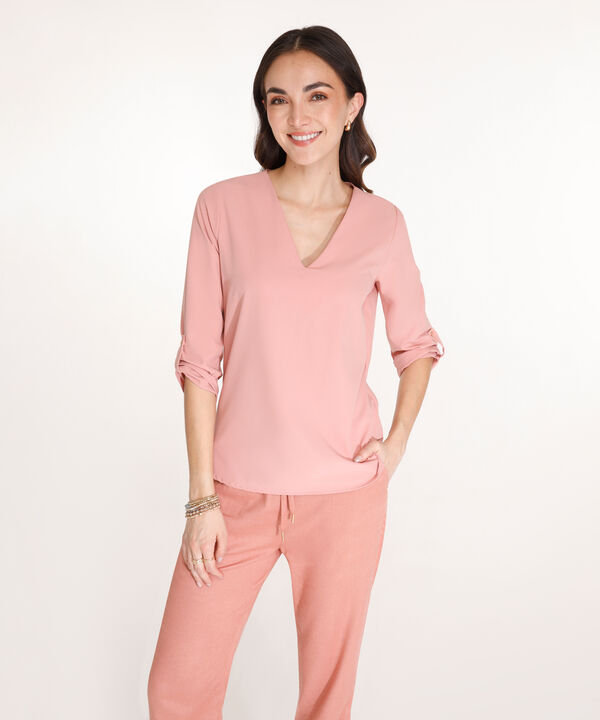 Blusa Unicolor Manga 3/4 Con Cuello En V, Charretera Para Graduar