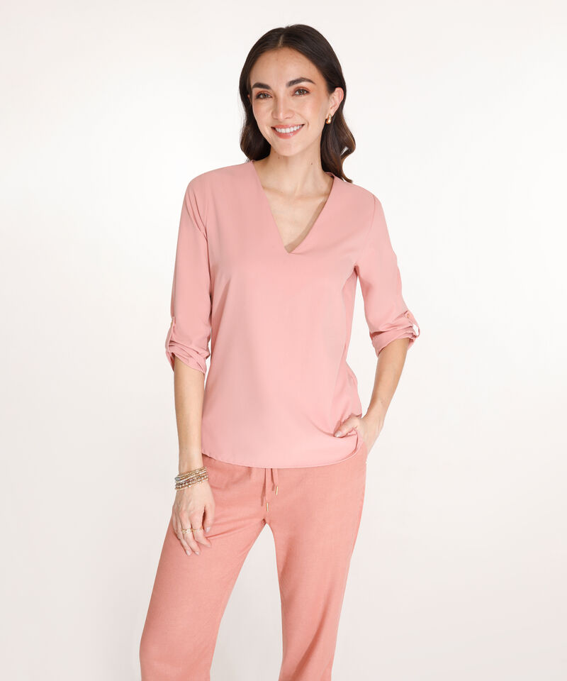Blusa Unicolor Manga 3/4 Con Cuello En V, Charretera Para Graduar