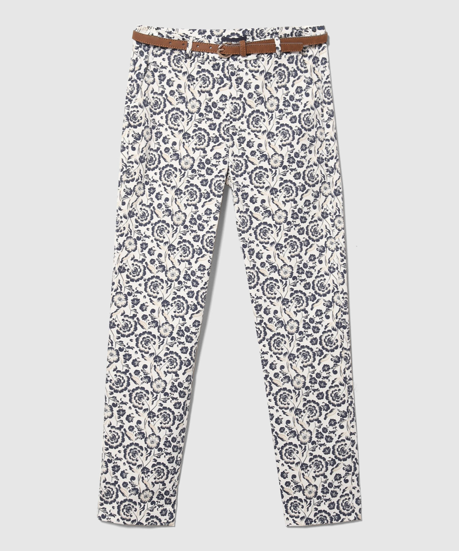 Pantalón Básico Bolsillos Diagonal Estampado Con Cinturón