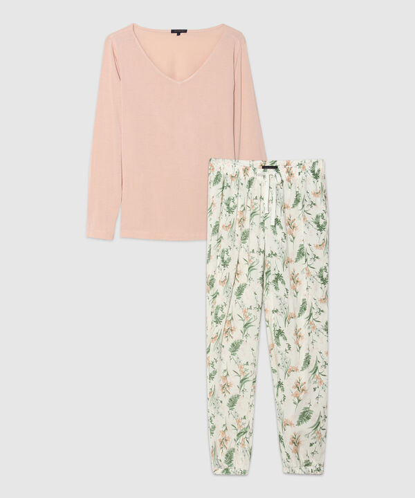 Pijama Camiseta Manga Larga Cuello V Unicolor Y Pantalón Plano Estampado