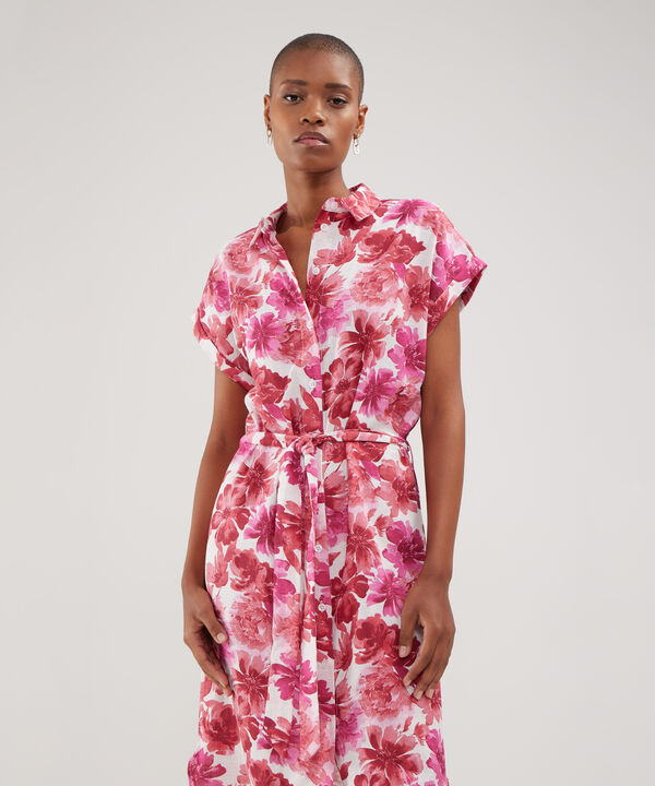Vestido Camisero En Lino Estampado Con Cinturon