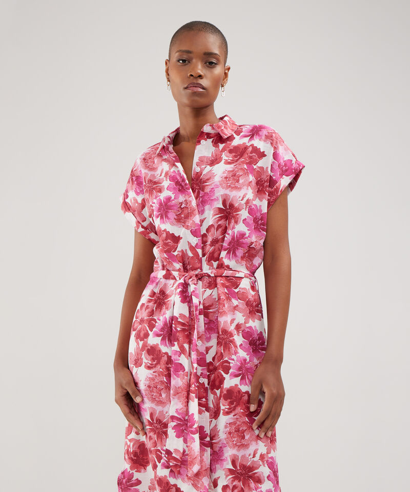 Vestido Camisero En Lino Estampado Con Cinturon
