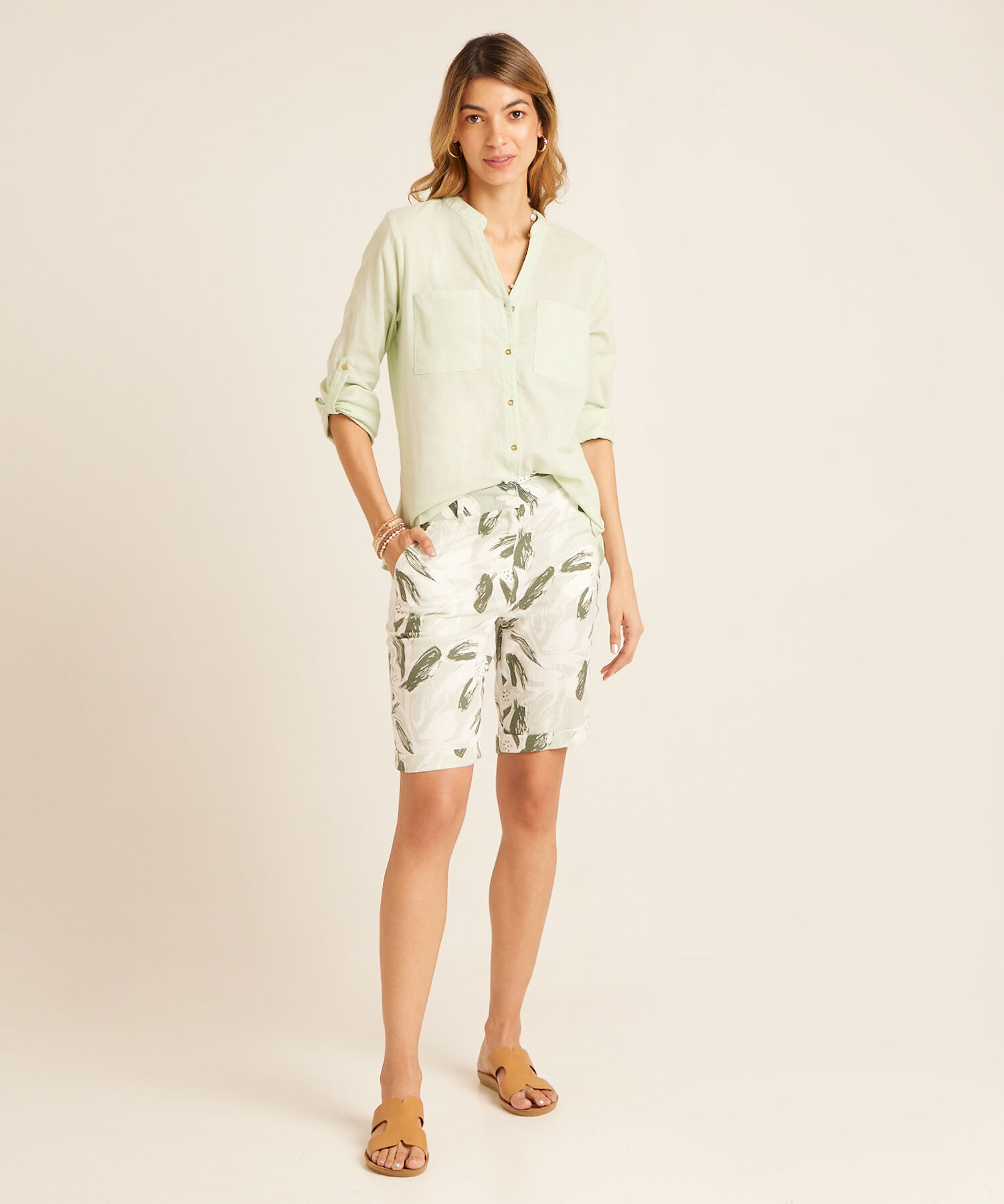 Blusa Unicolor, Manga Larga Con Charretera, Cuello En V Con Cuello Neru Y Bolsillos