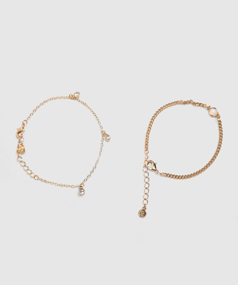 Set X2 Pulseras Doradas Con Brillos Y Perla 