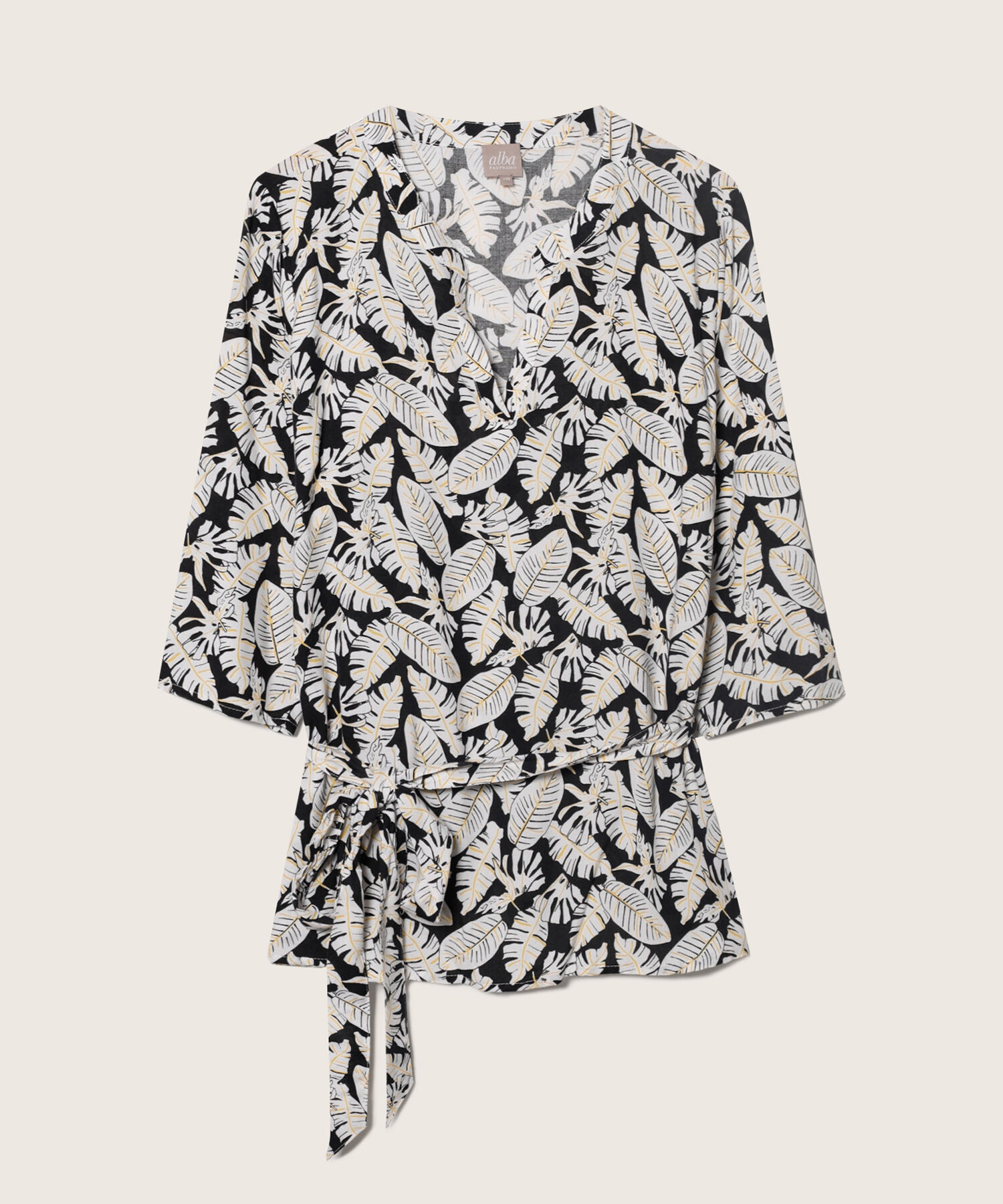 Blusa Estampada Manga 3/4, Cuello Neru Con Cuello En V Y Anudado En Cintura