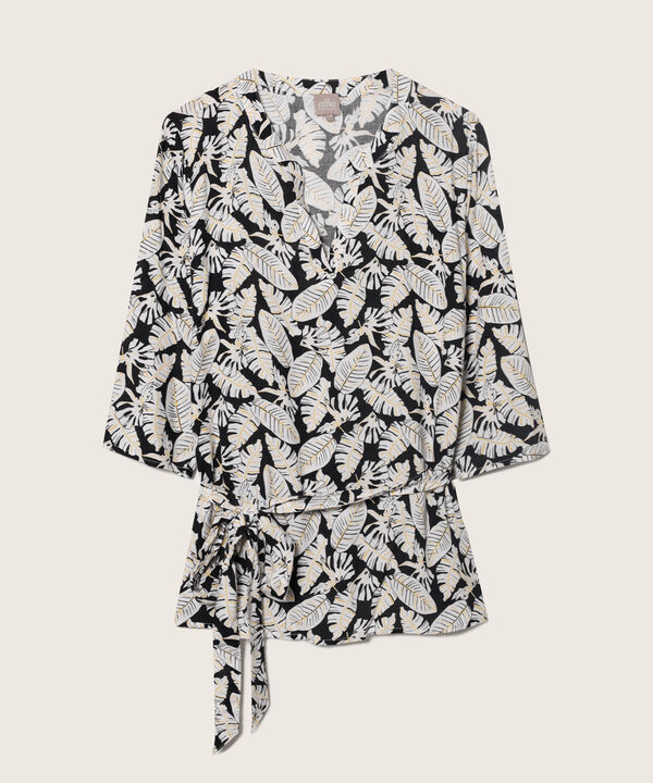 Blusa Estampada Manga 3/4, Cuello Neru Con Cuello En V Y Anudado En Cintura
