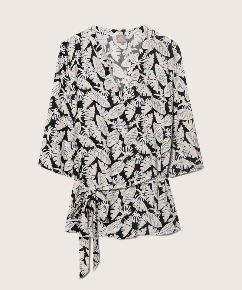Blusa Estampada Manga 3/4, Cuello Neru Con Cuello En V Y Anudado En Cintura