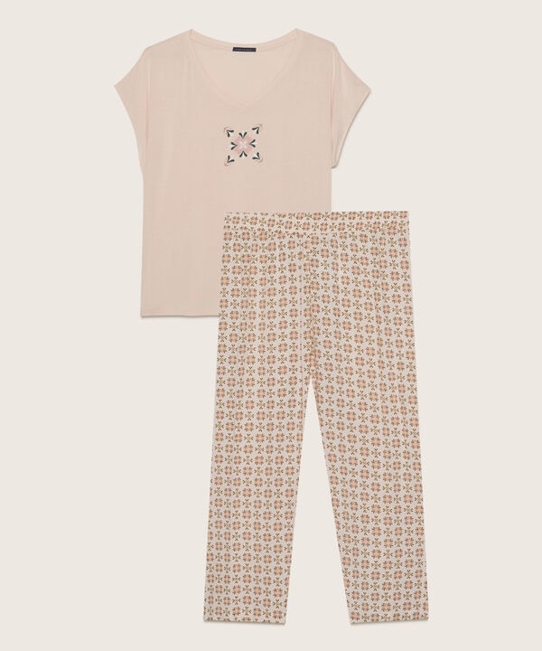 Pijama Camiseta Manga Corta Cuello En V Con Screen Y Pantalón Capri Tejido Plano