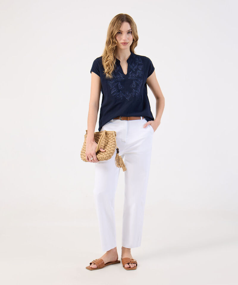 Blusa De Mujer Bordada Escote V Y Manga Corta Casual