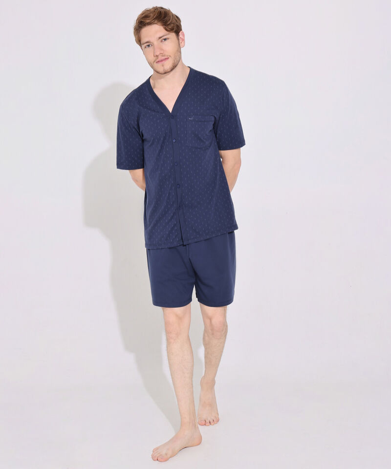 Pijama Set De Camiseta Manga Corta Abierta Estampada Y Bermuda Unicolor