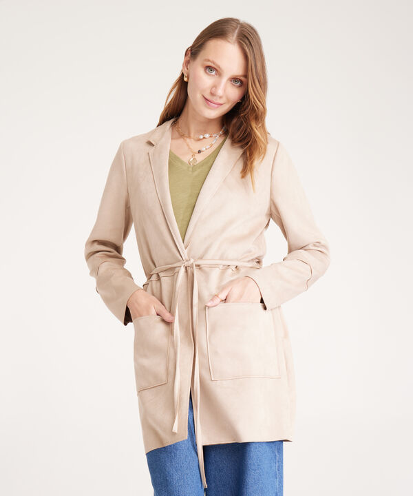 Chaqueta Suede Abierta Manga Larga Con Cinturón