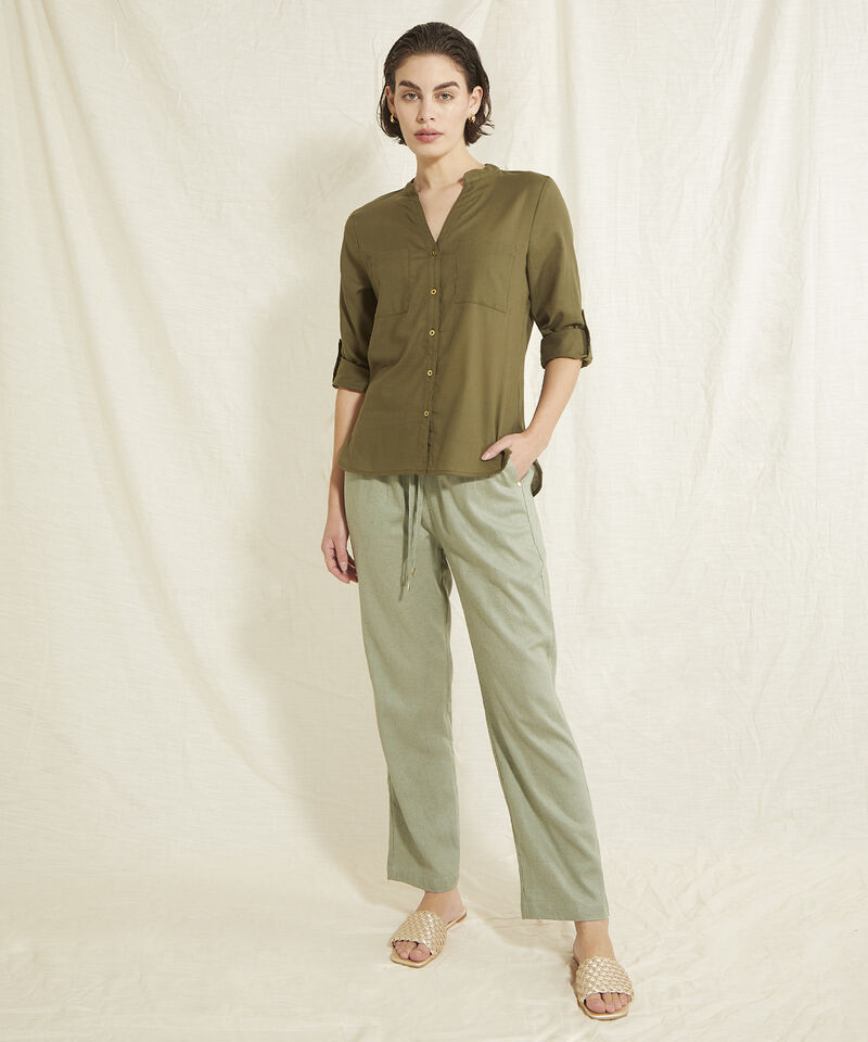 Pantalón Pretina Resortada  En Lino Unicolor