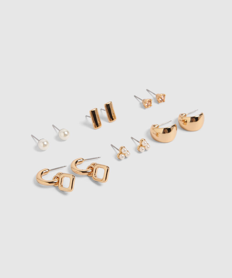 Set X6 Aretes Dorados Con Perlas Y Brillos 
