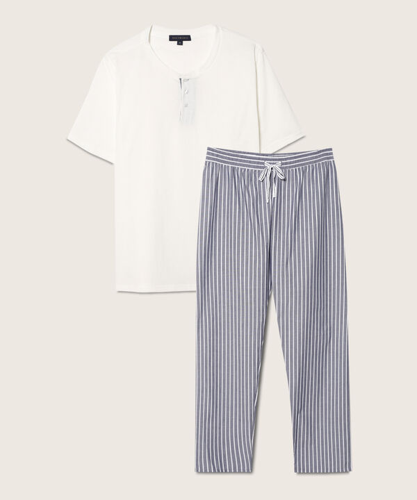 Pijama Camiseta Unicolor Cuello Henley Manga Larga, Pantalón Preteñido Rayas