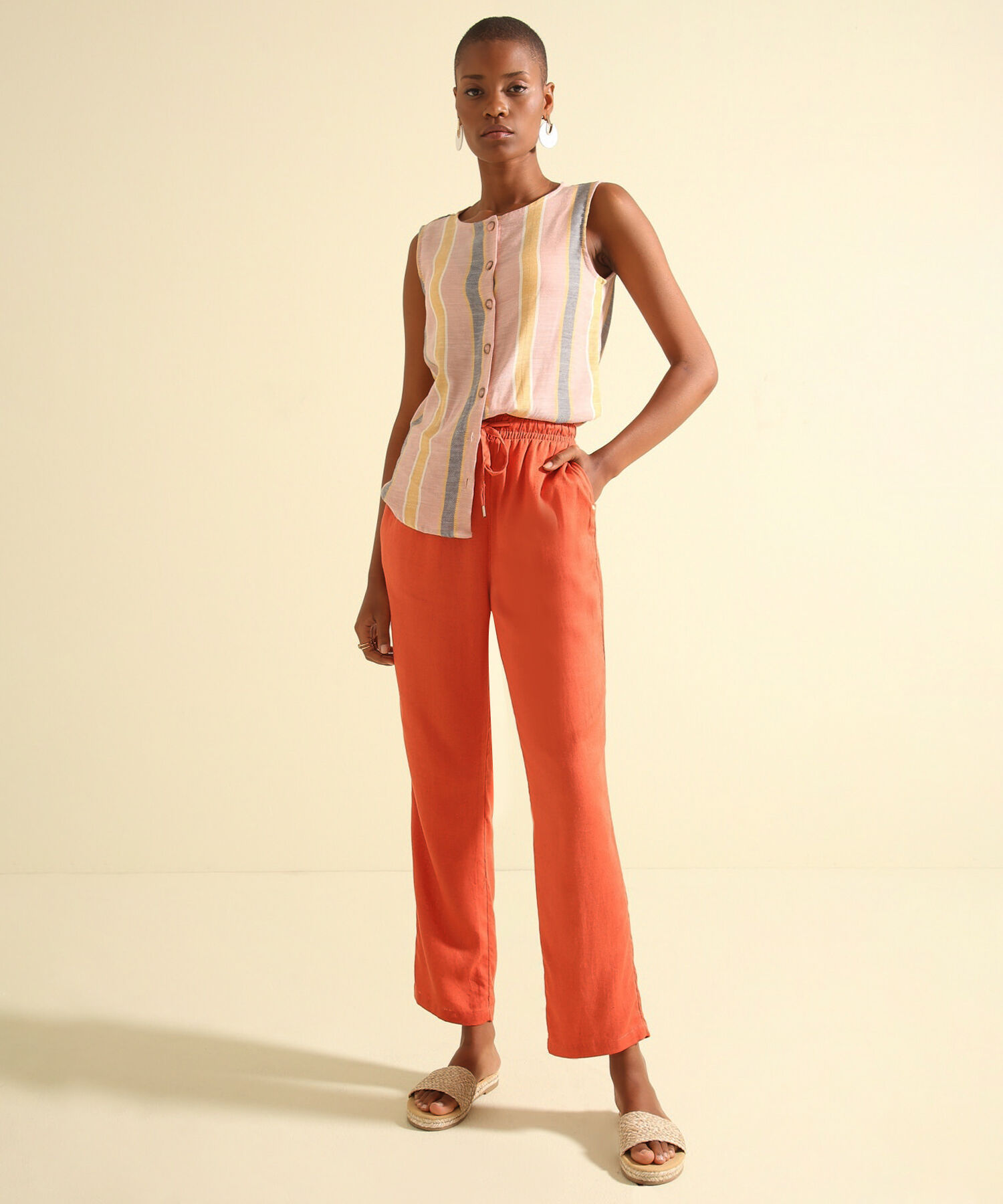 Pantal&oacute;n Pretina Resortada  En Lino Unicolor