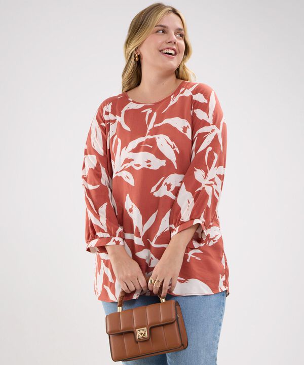 Blusa Estampada, Escote Redondo, Manga 3/4 Con Recogido En Puños image number null