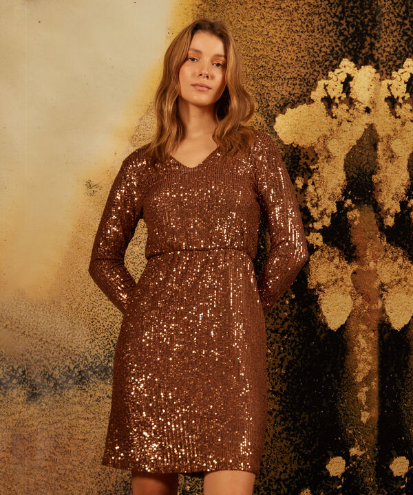 Vestido Manga Larga Escote V En Lentejuelas
