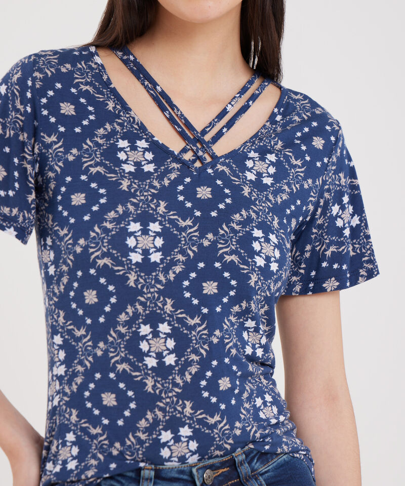 Camiseta Estampada, Manga Corta Con Vuelo, Escote V Con Tiras Cruzadas, Tel Aviv Linea Moda