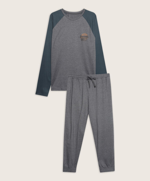 Pijama Con Camiseta Manga Rangla En Contraste Y Pantalón Unicolor