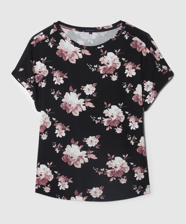 Camiseta Estampada Manga Corta Con Guardapolvo, Cuello Redondo Y Bies Sobrepuesto En Hombros, Trópico Floral
