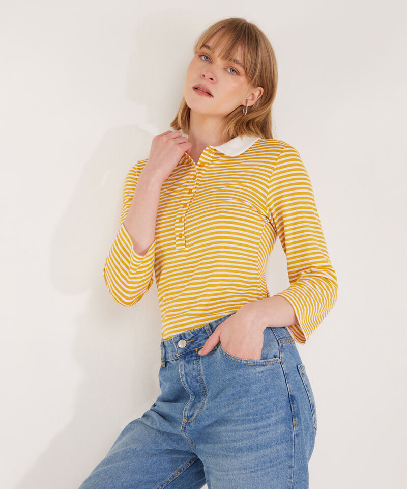 Polo Preteñida A Rayas, Manga 3/4 Con Cuello Duro Y Pechera Unicolor