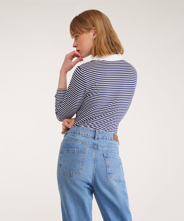 Polo Preteñida A Rayas, Manga 3/4 Con Cuello Duro Y Pechera Unicolor