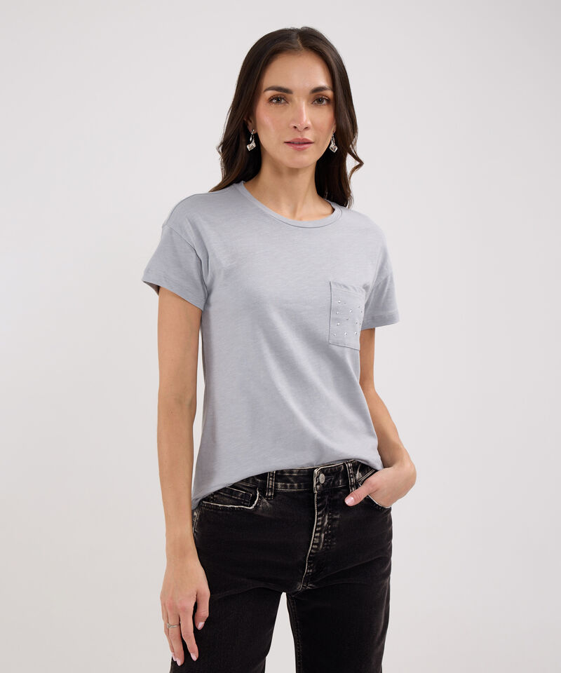 Camiseta Manga Corta Unicolor, Cuello Redondo, Bolsillo Con Pedreria