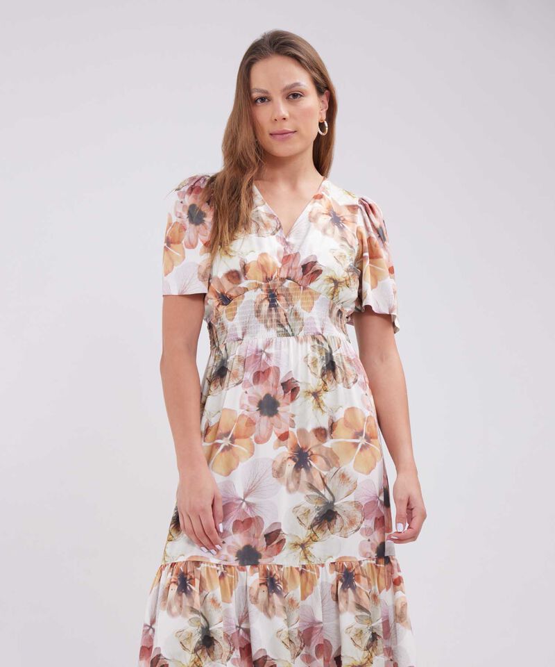 Vestido Largo, Manga Corta Con Nido De Abejas