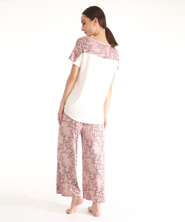Pijama Conjunto Camiseta  Manga Corta Unicolor Con Almilla Estampada Y Pantalón Culotte Estampado