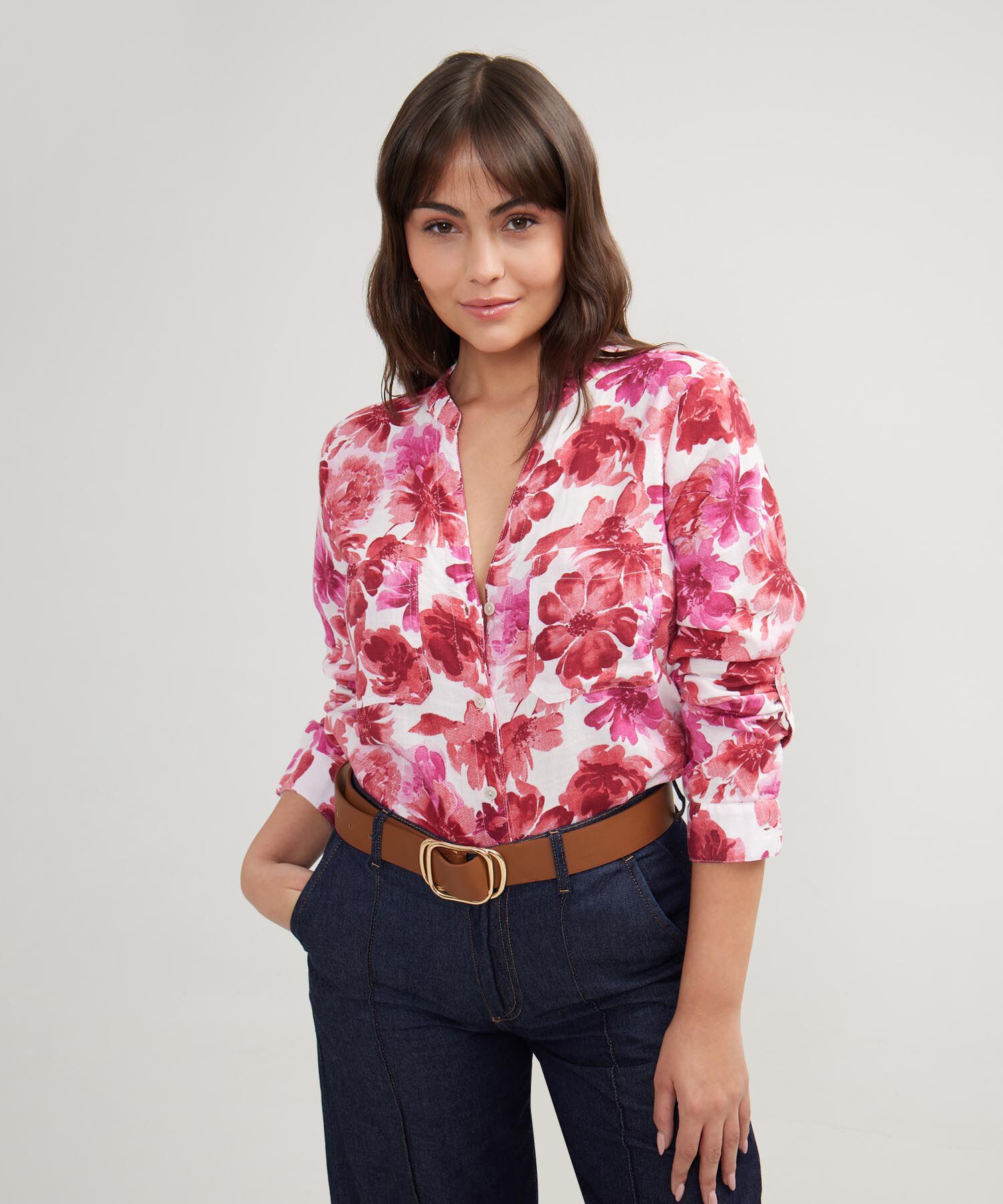 Blusa Manga Larga Estampada En Lino