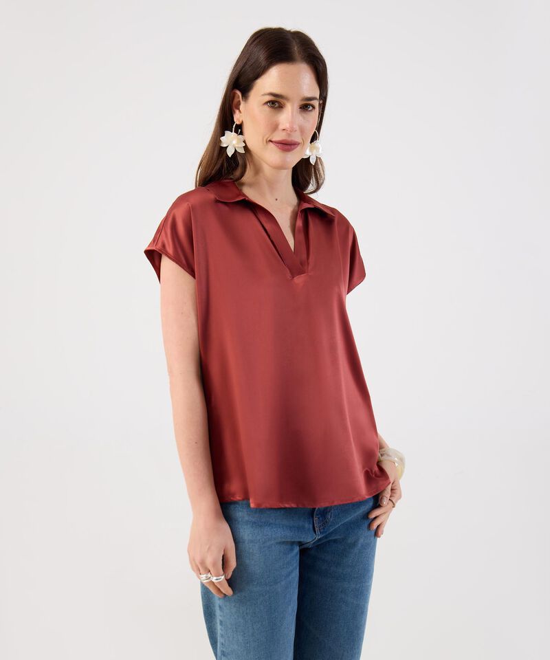 Blusa Unicolor Con Cuello Camisero Para Mujer