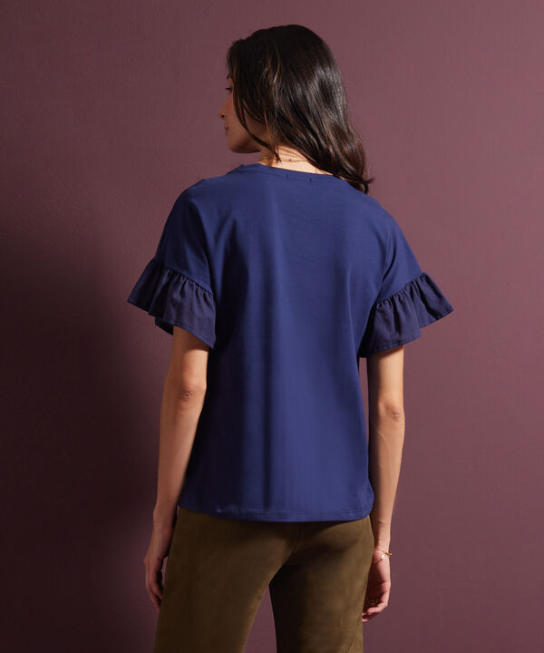 Camiseta Unicolor Manga Corta, Cuello Redondo, Cuerpo En Tejido De Punto, Mangas En Tejido Plano Con Recogido