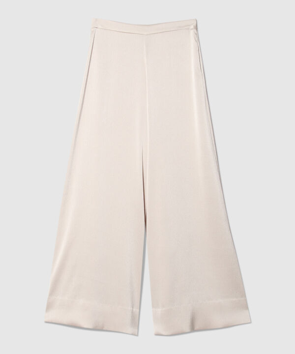 Pantalon Palazzo Fluido Unicolor En Tela De Satin Con Textura