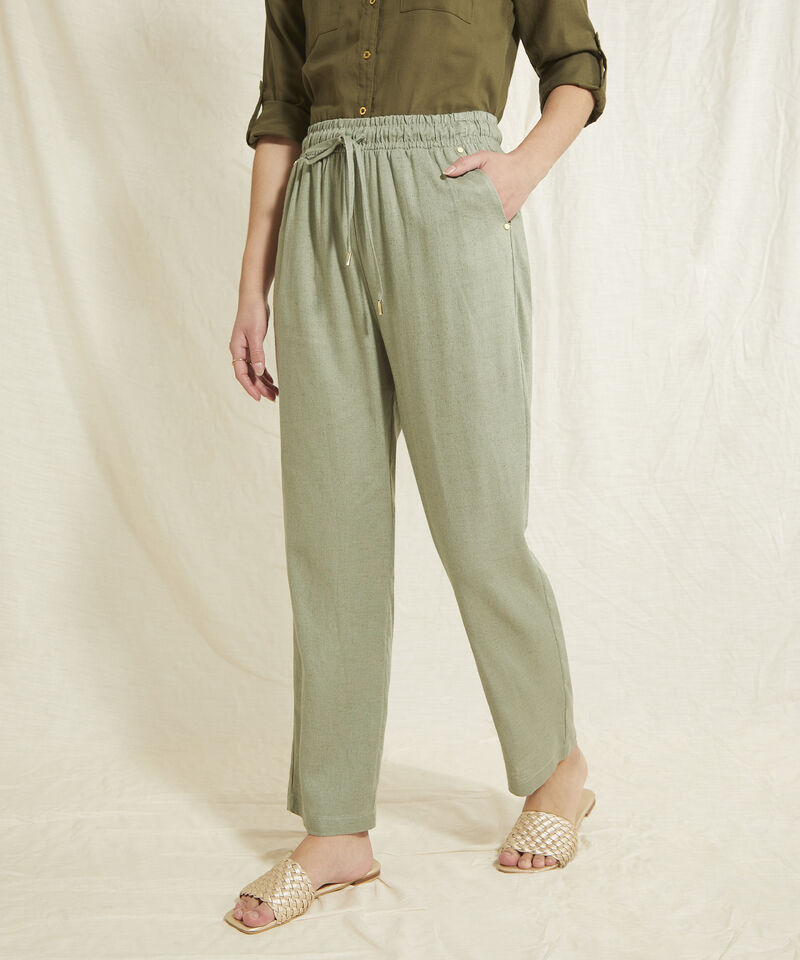 Pantalón Pretina Resortada  En Lino Unicolor
