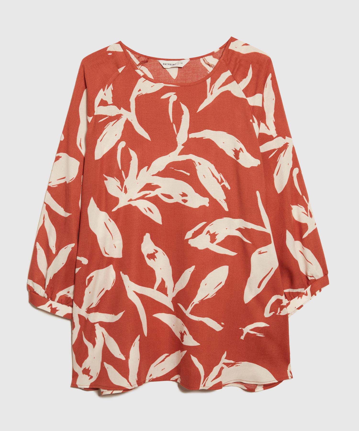 Blusa Estampada, Escote Redondo, Manga 3/4 Con Recogido En Puños