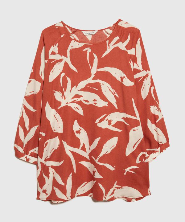 Blusa Estampada, Escote Redondo, Manga 3/4 Con Recogido En Puños