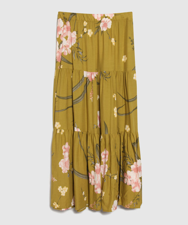 Falda Campesina Estampada Con Cintura Elástica, Trópico Floral