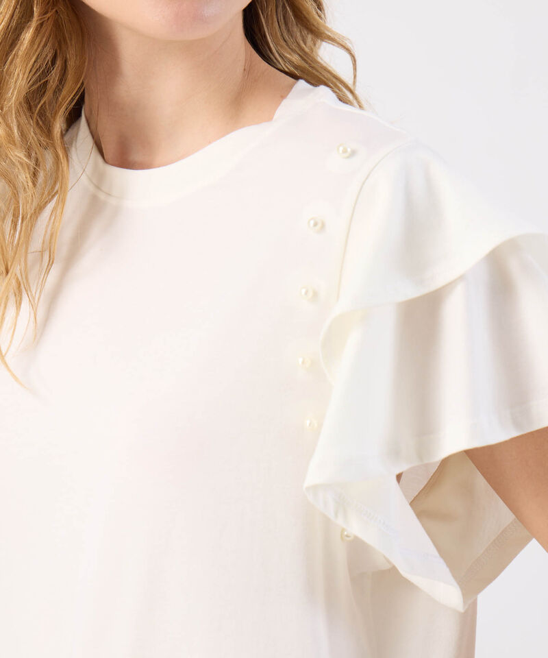 Camiseta Para Mujer Mangas de Volantes con Perlas